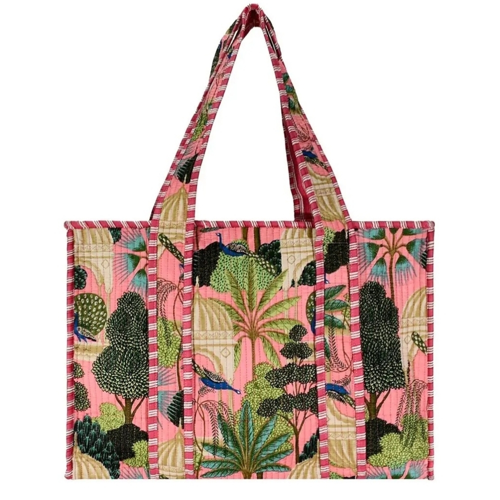 Quilted Pink Tropical Print Tote Bag